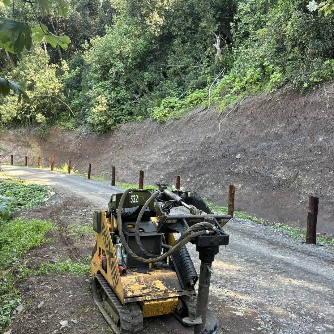 Mini-chargeuse équipée d'une tarière à côté de la ligne de rondins